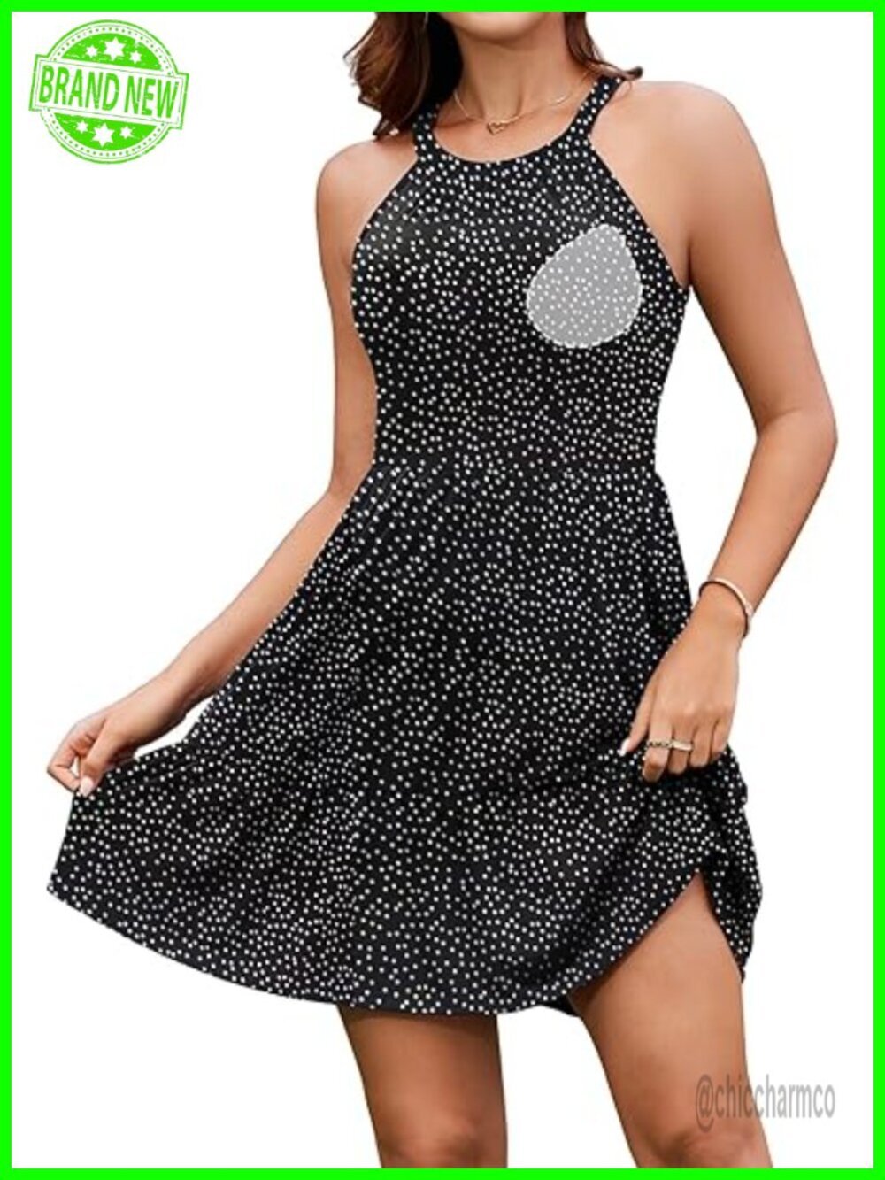 Built-in Bra Halter Sundress with Pockets A-Line Beach Casual Tank Dress